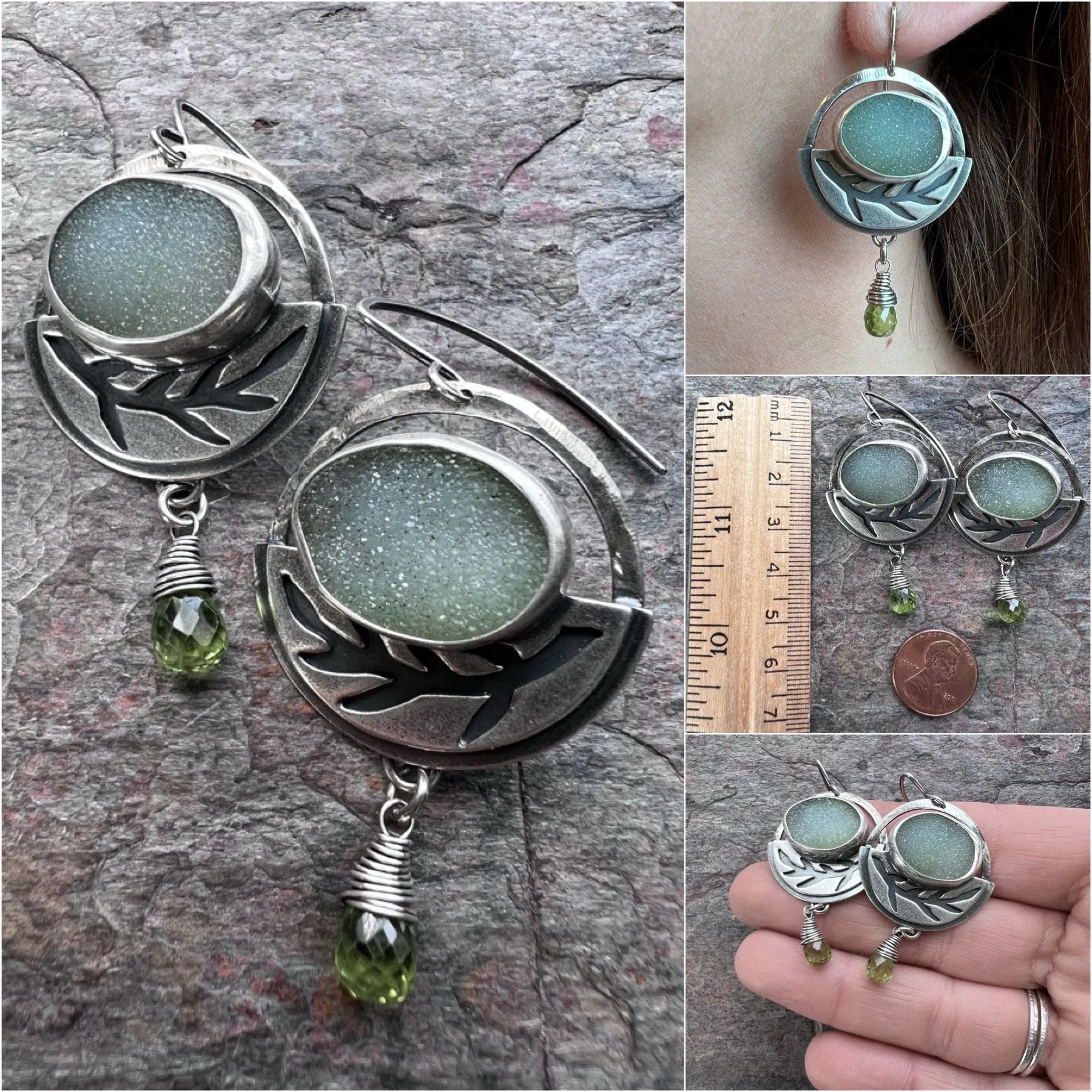 Sterling Silver Druzy and Peridot Earrings - Handmade One-of-a-kind Earrings