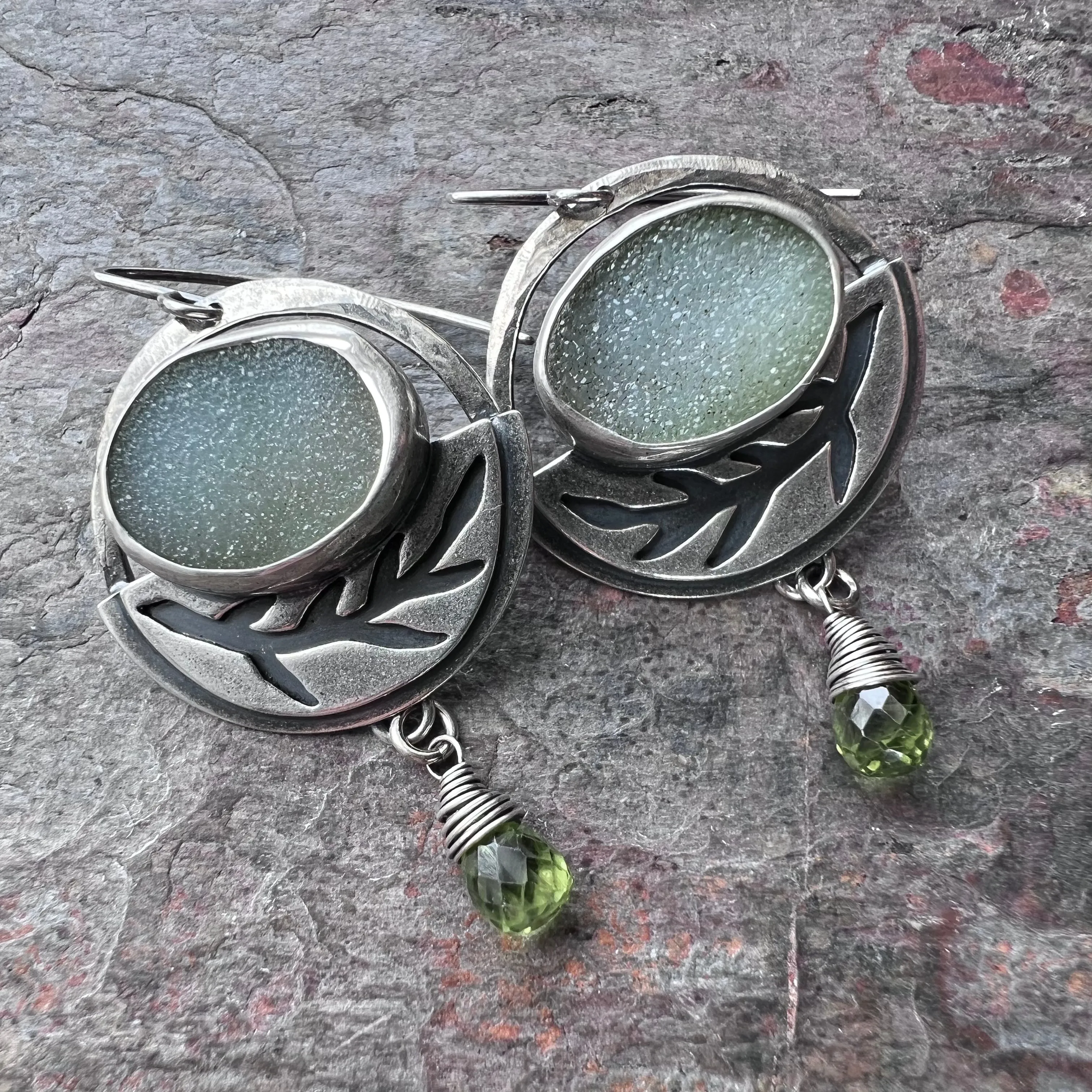 Sterling Silver Druzy and Peridot Earrings - Handmade One-of-a-kind Earrings
