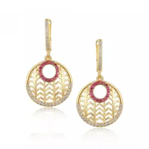 Sterling Silver Gold Plated Circle With Clear and Ruby CZs Earring