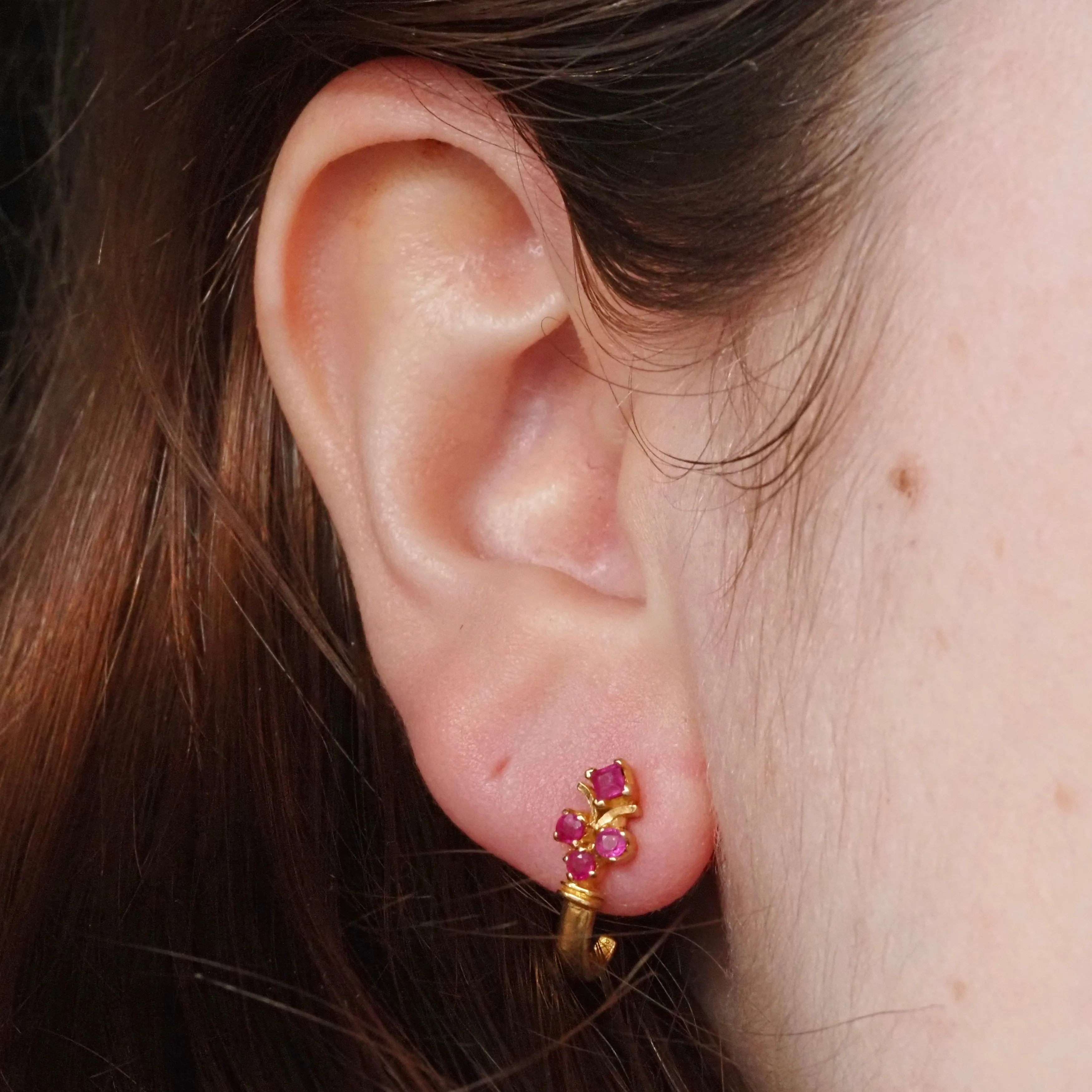 Vintage 18k Gold Ruby Encrusted Hoops