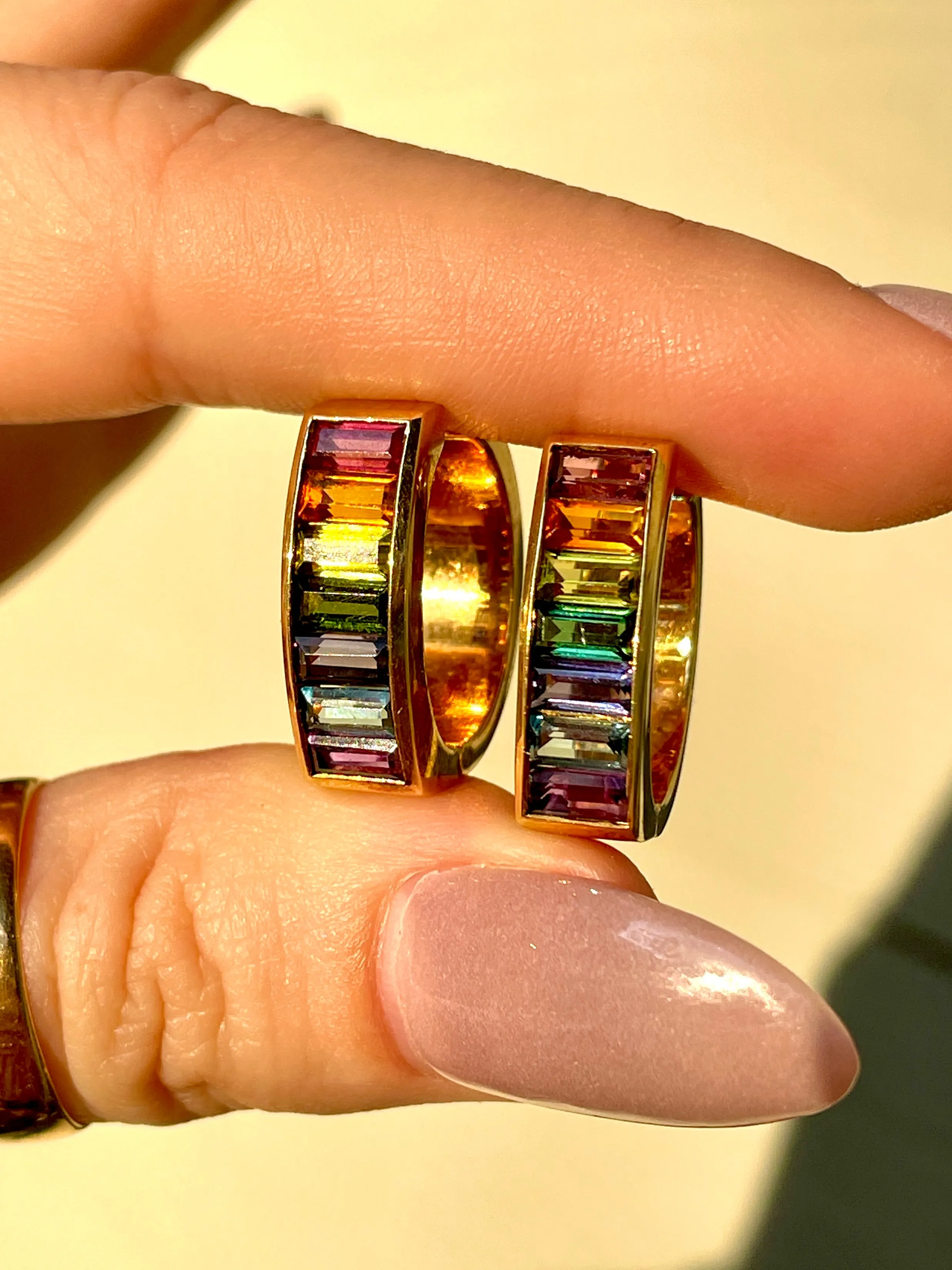 Vintage yellow 18K rainbow baguette gemstone hoop earrings, .75 inch long