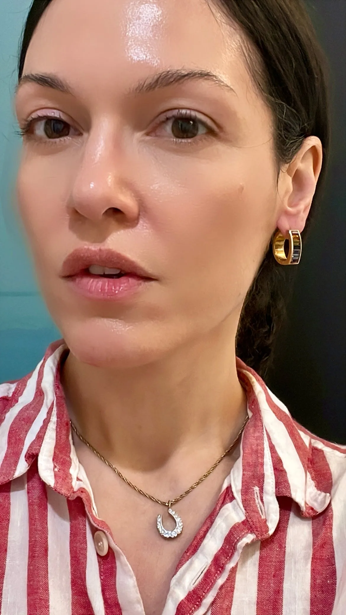Vintage yellow 18K rainbow baguette gemstone hoop earrings, .75 inch long