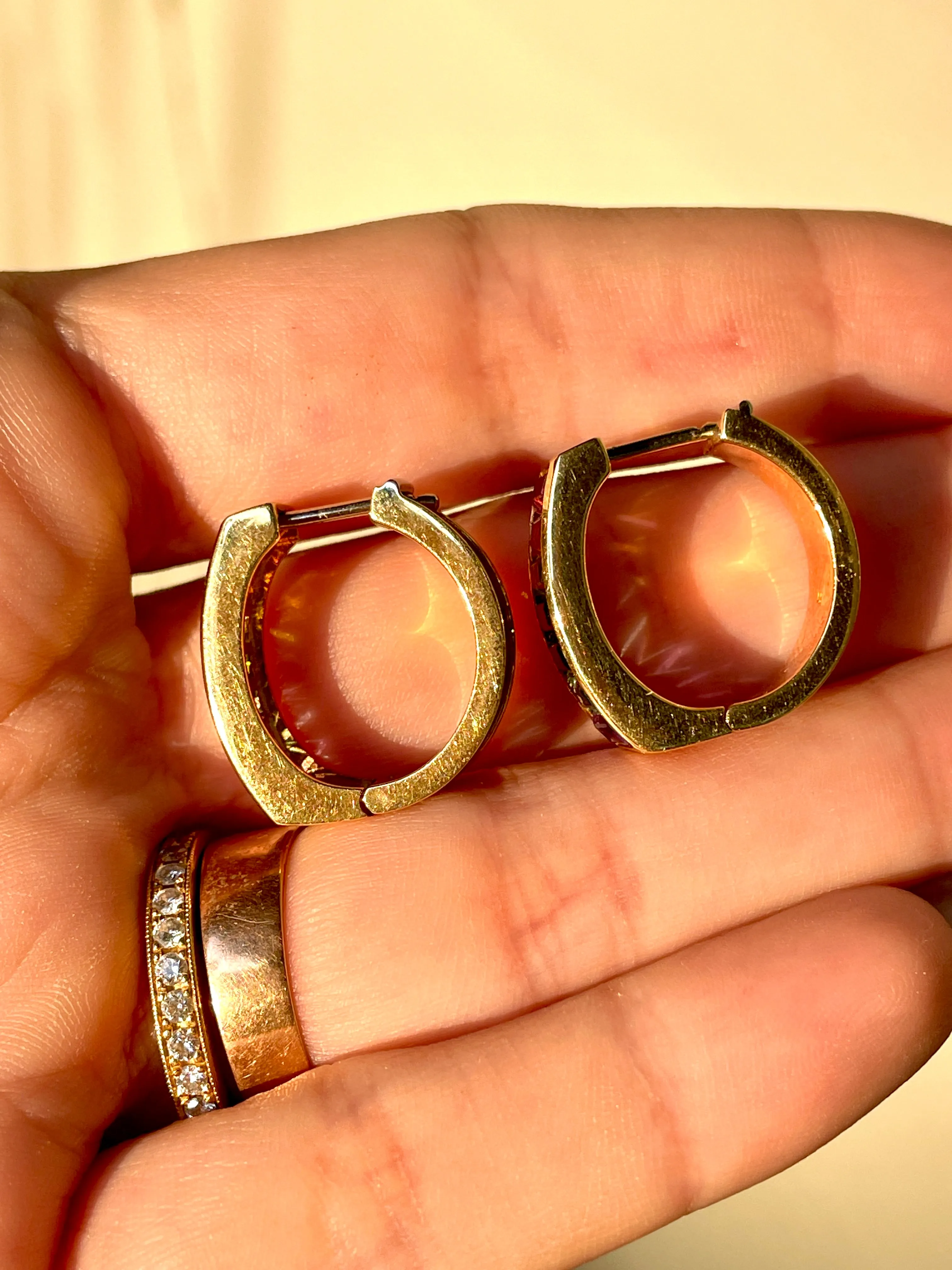 Vintage yellow 18K rainbow baguette gemstone hoop earrings, .75 inch long