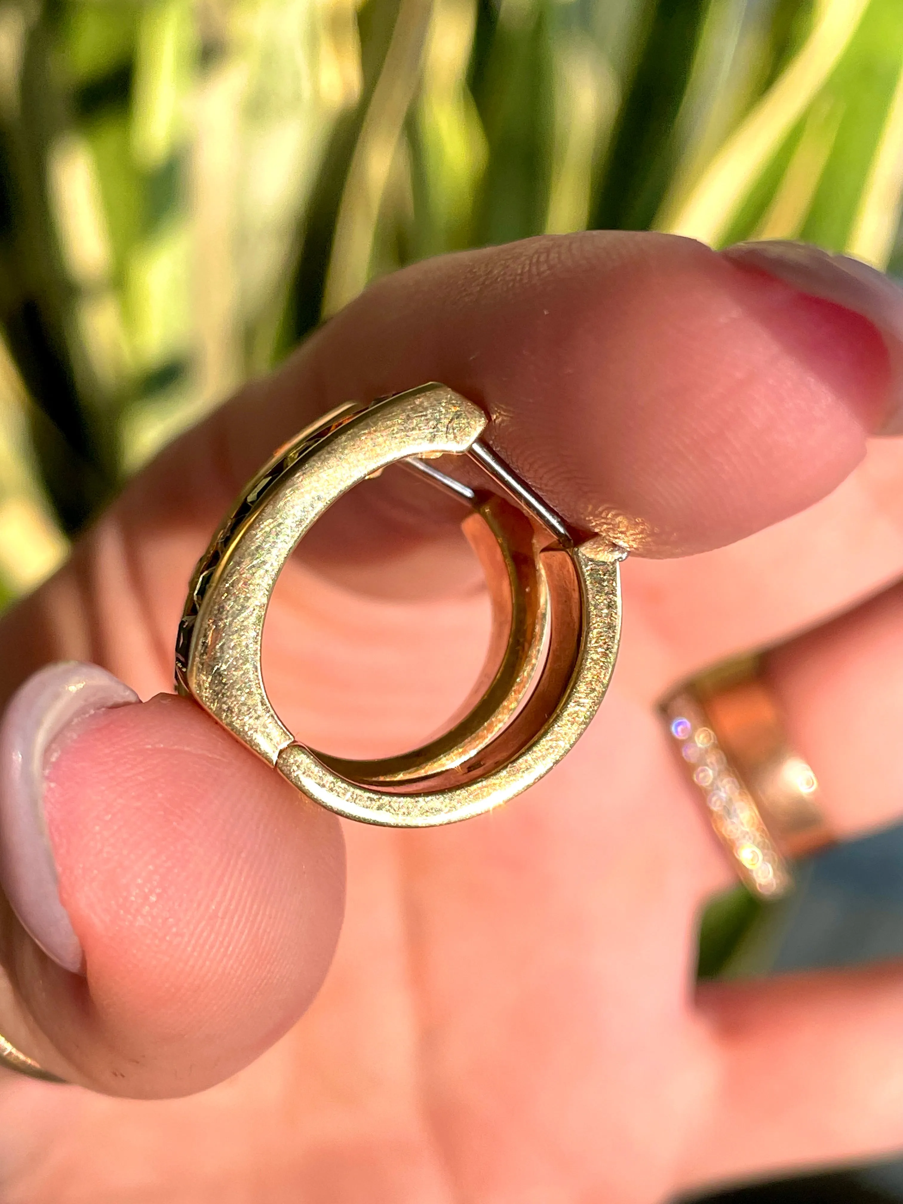 Vintage yellow 18K rainbow baguette gemstone hoop earrings, .75 inch long